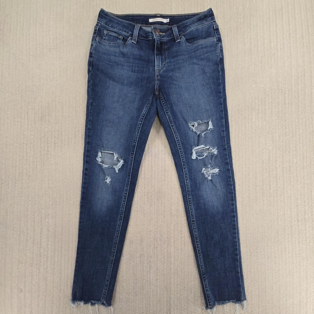 Levis 535 Super Skinny Jeans Womens 29x28 Blue Distressed Stretch Denim Raw Hem